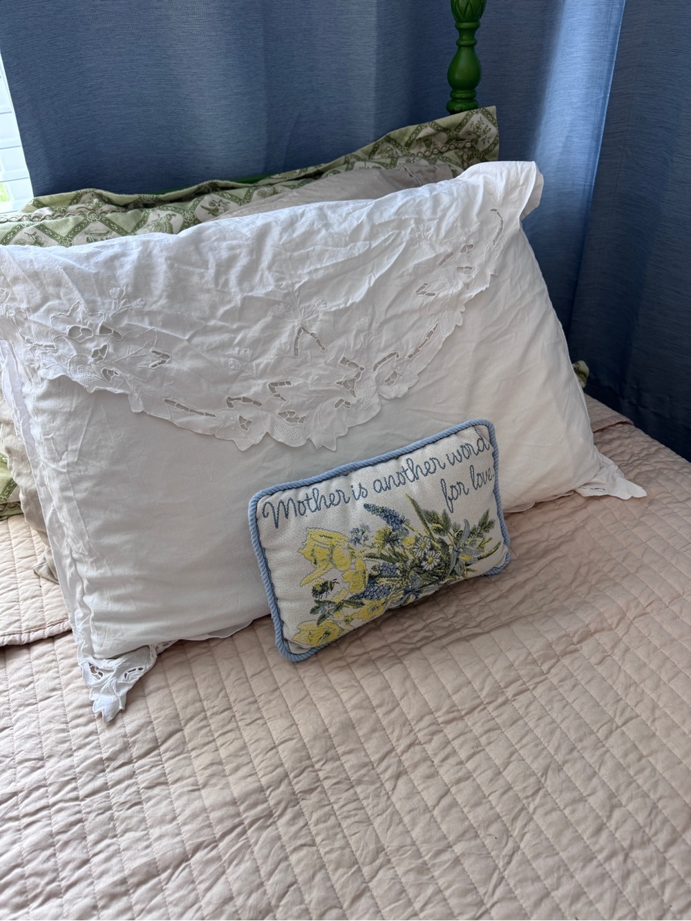 Mother’s Day Embroidered Pillow Sham with Lace Trim